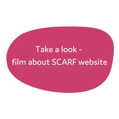 Pink blob with text that says - Take a look - film about SCARF website