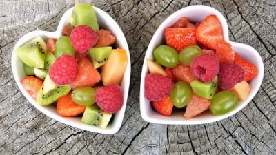 Fruit salad in heart shaped bowls