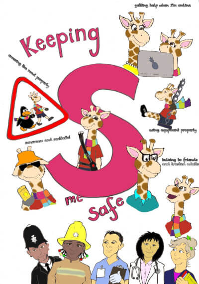 Safety poster with pictures of Harold the giraffe -from his friend, Alex.