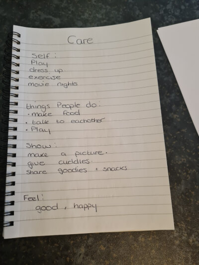Child called Olivia and her mum have made a list of things we do to care for ourselves and others
