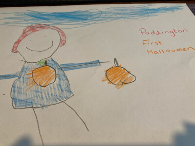 Bertie's drawing of Paddington Bear with a halloween pumpkin lantern.