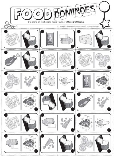 Domino-style cards with images of different kinds of healthy foods - to play domino game.