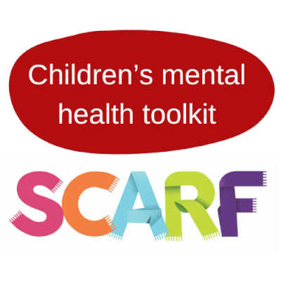 Logo advertising the SCARF Children's Mental Health toolkit - red with the SCARF logo.